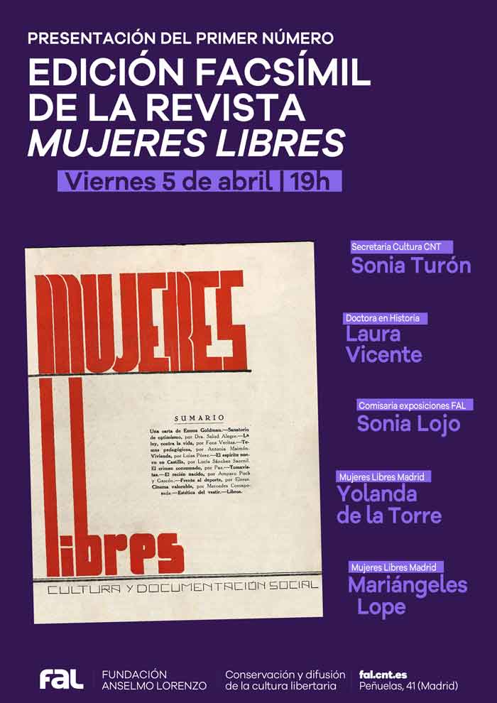 5 de abril, presentación de la la reedición facsimilar del primer número de la revista 'Mujeres Libres'