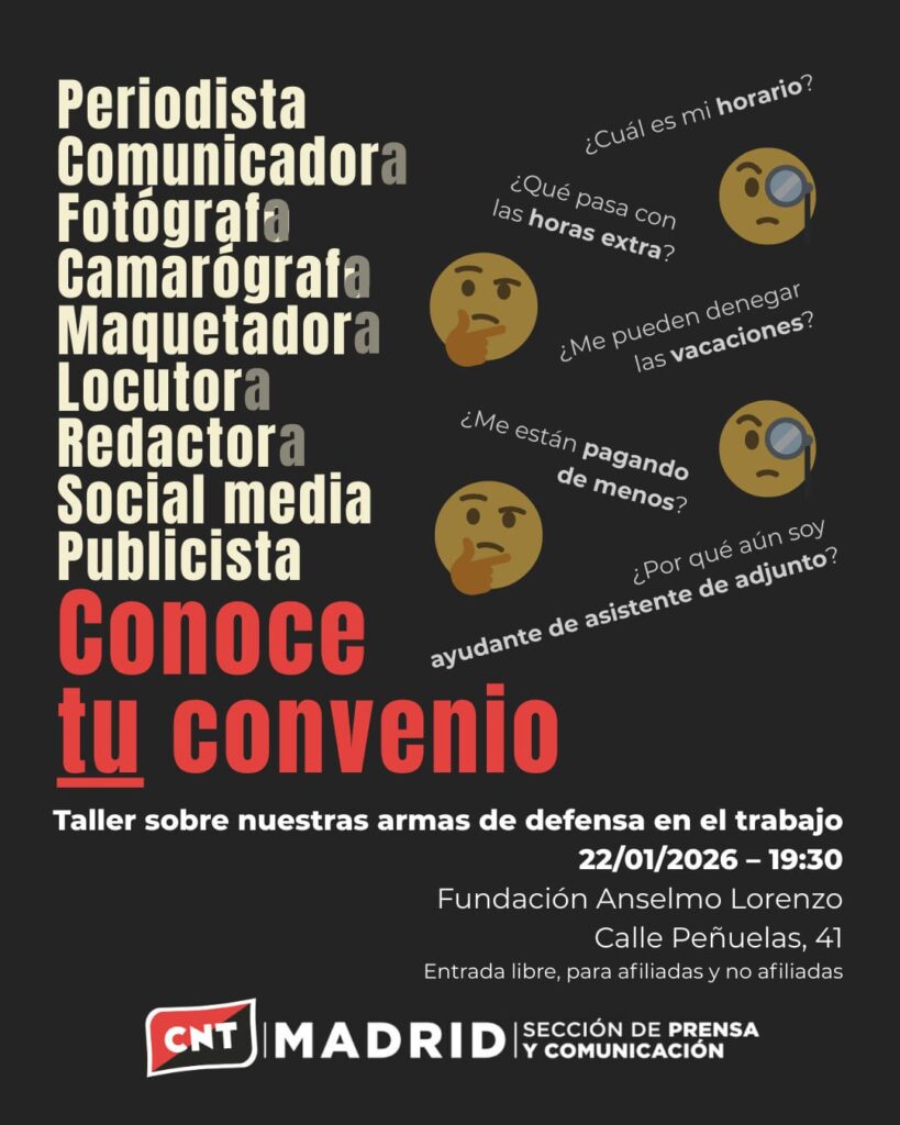 Imagen con el cartel del evento 'Conoce tu convenio'. Se trata de un taller sobre nuestras armas de defensa en el trabajo, dirigido a profesionales de la comunicación